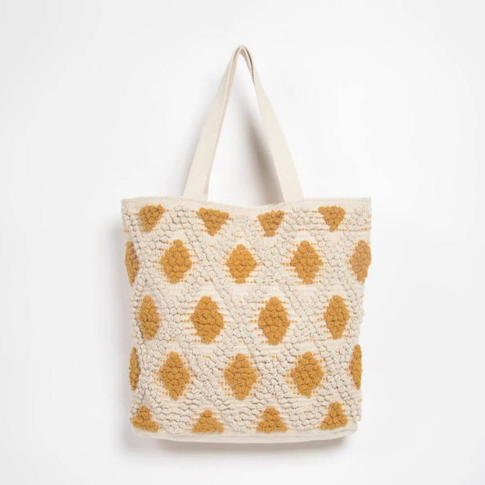 MUSTARD DIAMOND TUFTED COTTON TOTE BAG